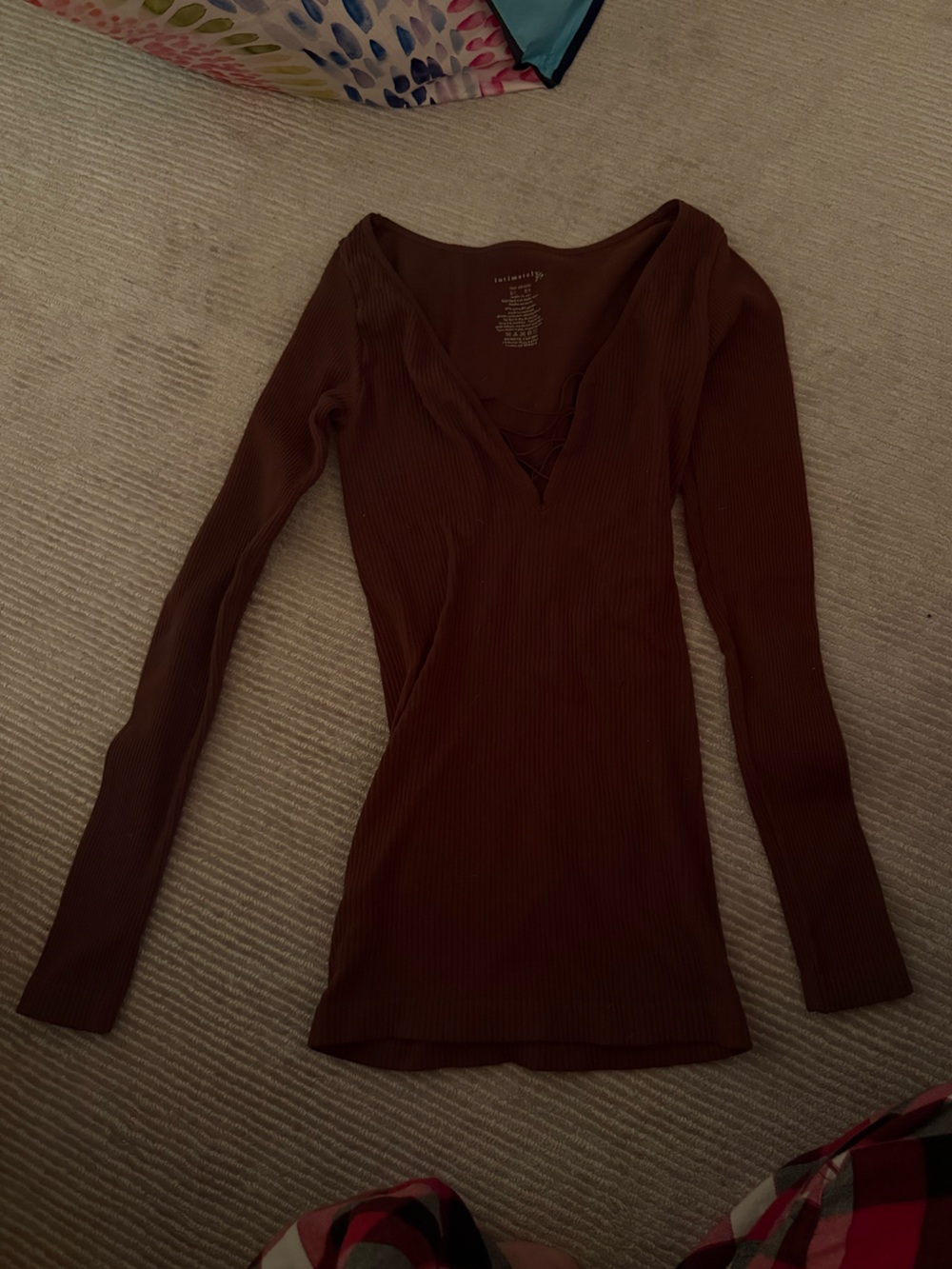 Free People Ribbed Long Sleeve V-Neck Top - Brown